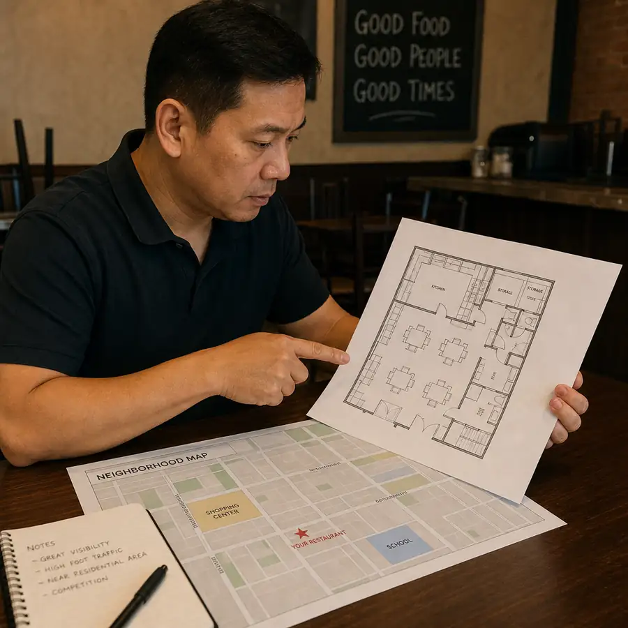 Restaurant owner reviewing a floor plan and neighborhood map with notes on visibility and foot traffic
