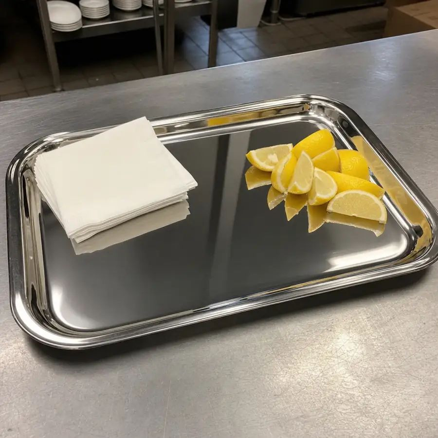 Thunder Group SLCT014 mirror-finish stainless steel serving tray with napkins and lemon wedges in a kitchen