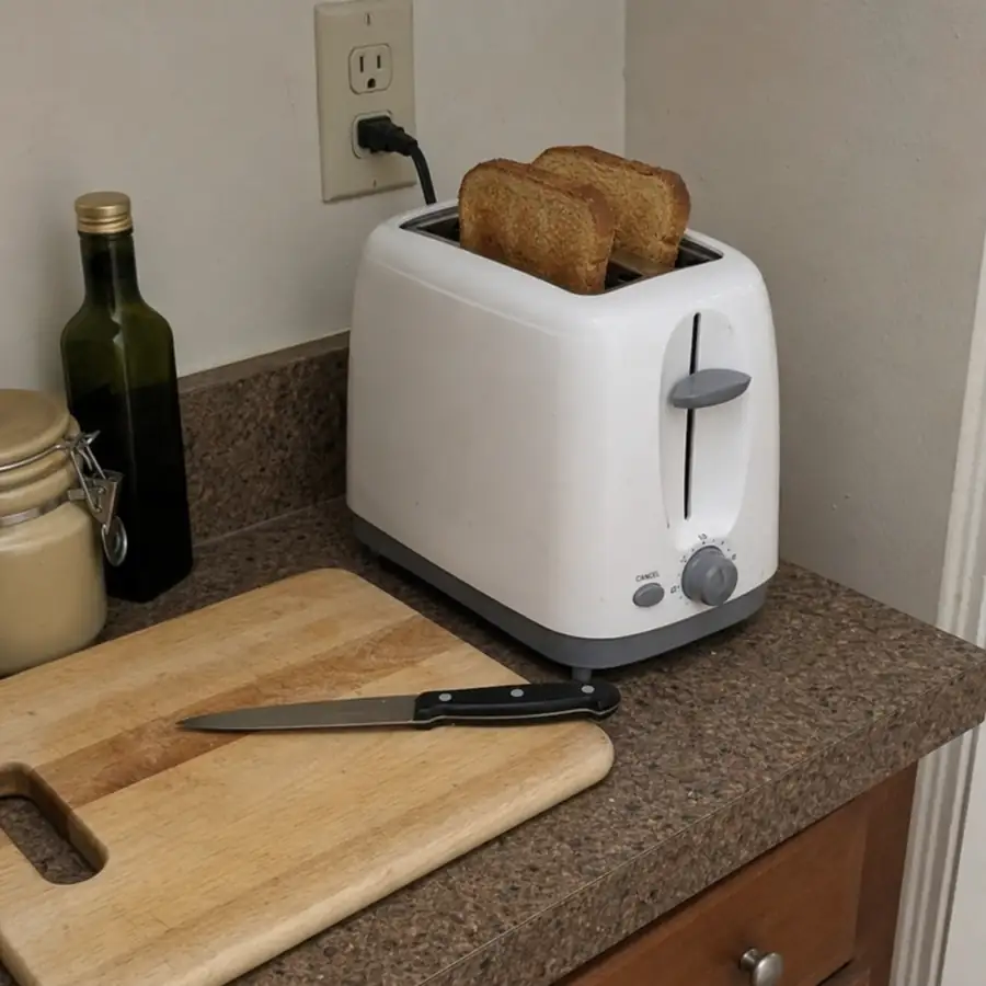 White 2-slice toaster with toasted whole-wheat bread on a granite kitchen counter beside a wooden cutting board