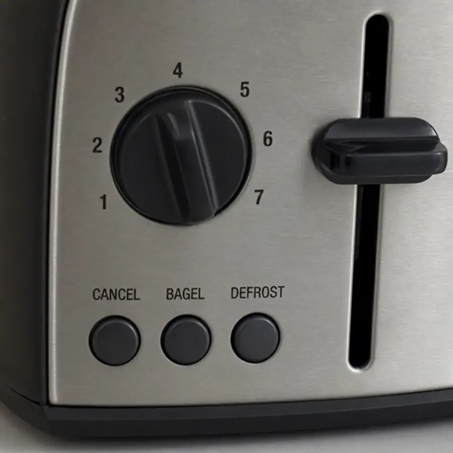 Close-up of Commercial Chef CCT2201B toaster controls showing a 7-level browning dial and Cancel, Bagel, and Defrost buttons