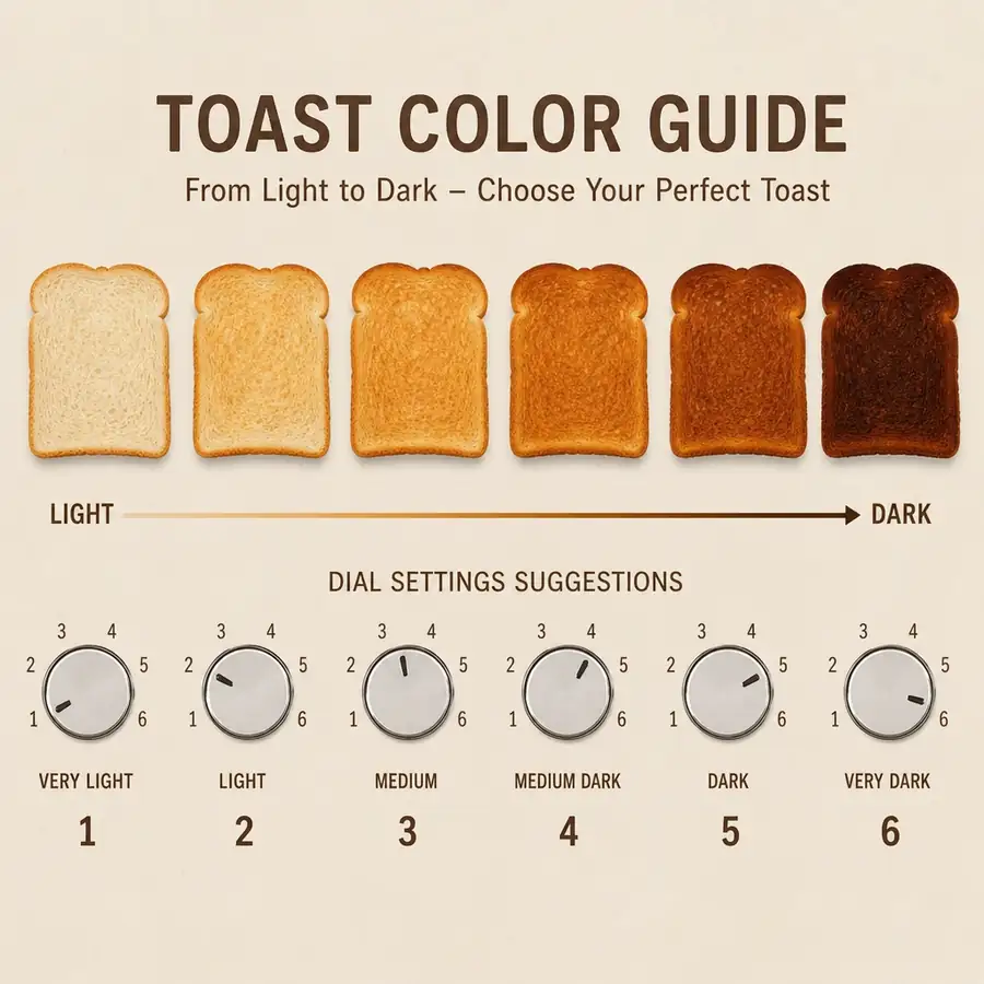 Toast color guide infographic showing six browning levels from very light to very dark with matching toaster dial settings 1 through 6