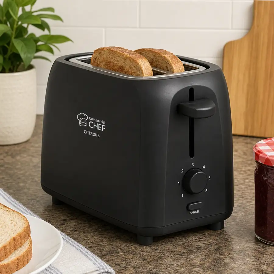 Commercial Chef CCT2201B matte black 2-slice toaster on a granite counter with toasted bread, jam, and a cutting board