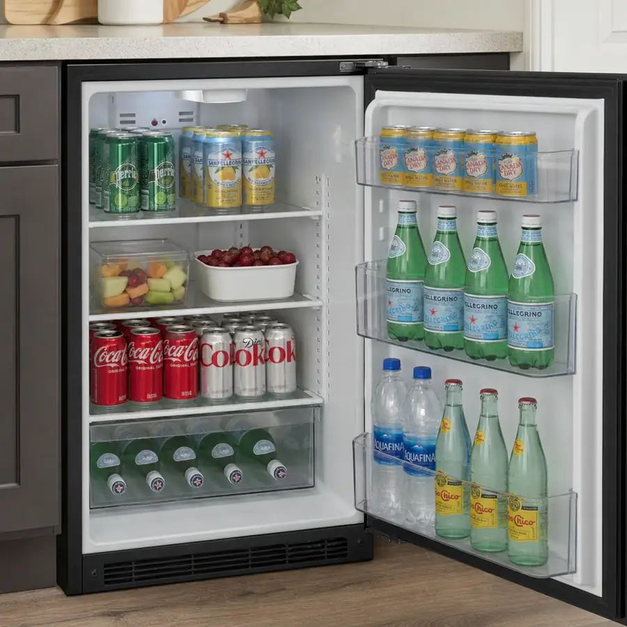 Open undercounter refrigerator stocked with canned drinks, fruit, bottled water, and door shelves of sparkling water