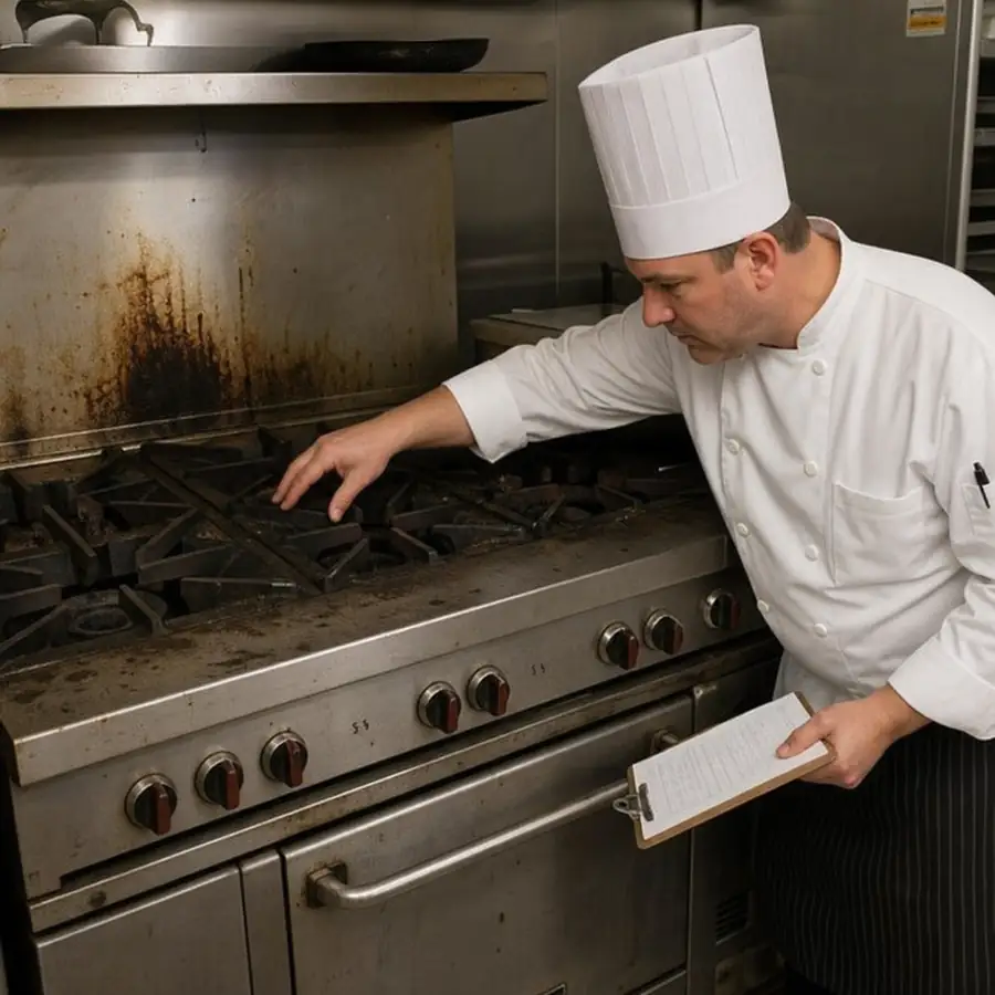 Chef in a white coat and toque inspects a worn commercial gas range while holding a clipboard