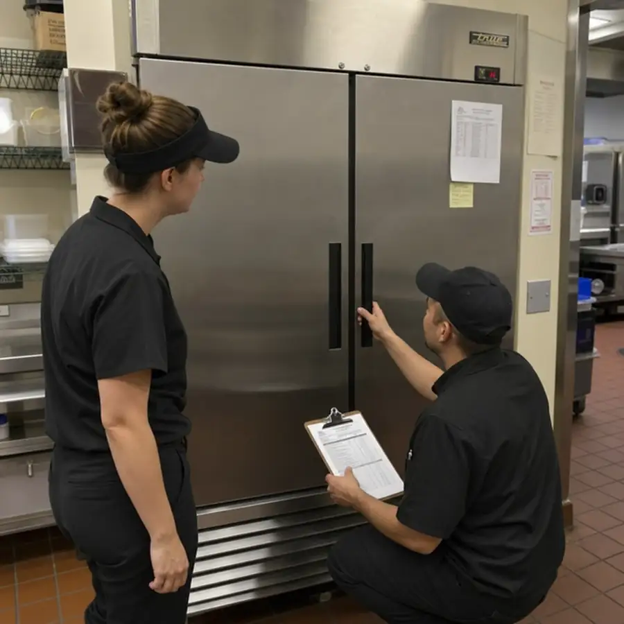 Two kitchen staff inspect a two-door commercial reach-in freezer, one holding a clipboard