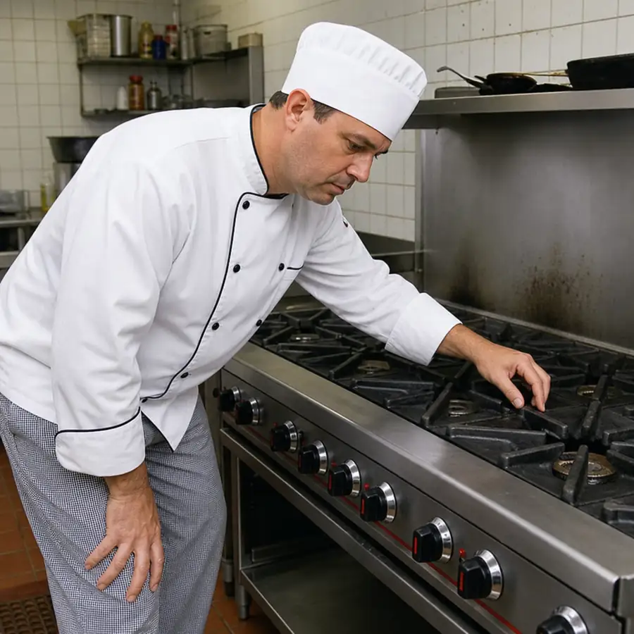 Stainless steel commercial gas range with open burners and oven base for restaurant and catering kitchens