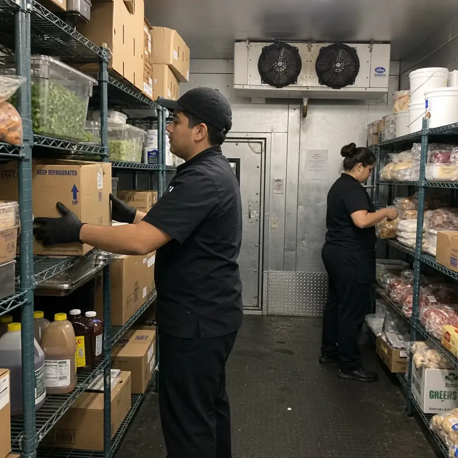 Commercial walk-in cooler freezer combo with open doors and organized cold storage shelving