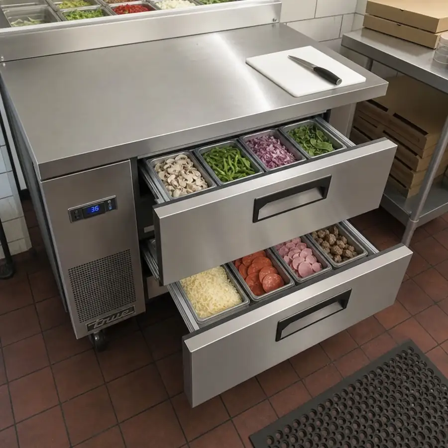 Stainless worktop refrigerator with two open drawers of ingredient pans holding vegetables, cheese, and sliced meats