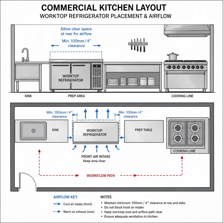 Diagram of a commercial kitchen layout showing worktop refrigerator placement, front air intake, rear clearance, a sink, a prep table, and the cooking line