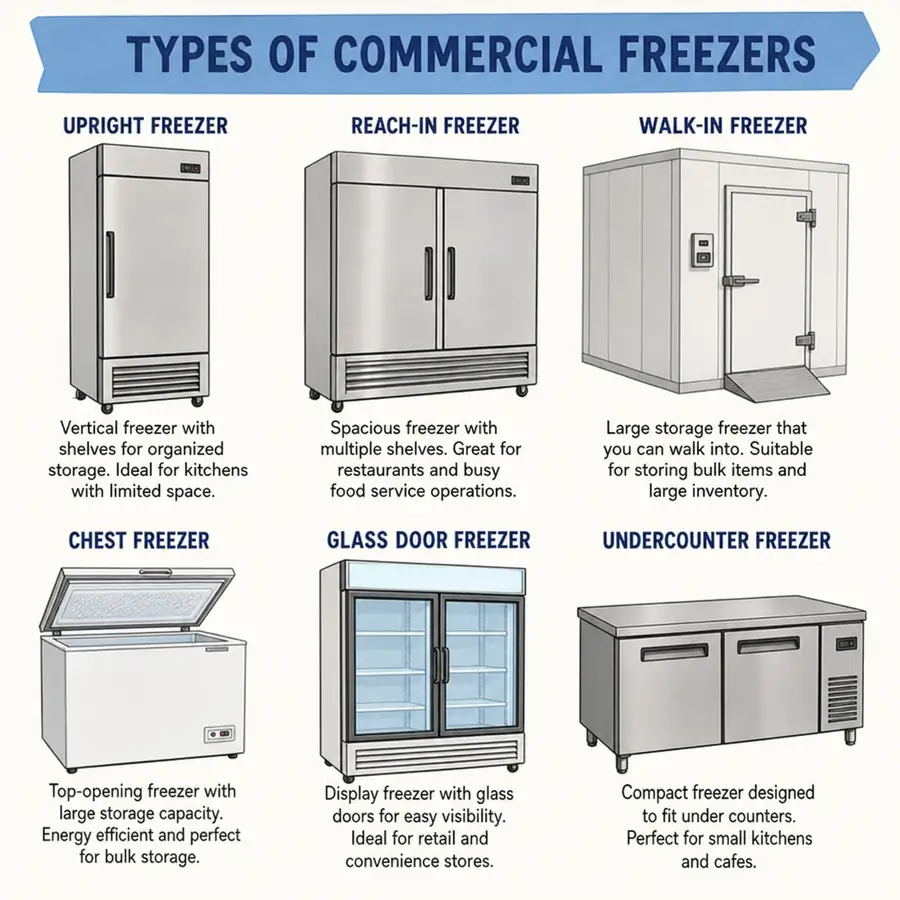 Overview of commercial freezer types including upright, chest, undercounter, and walk-in units with typical kitchen placement