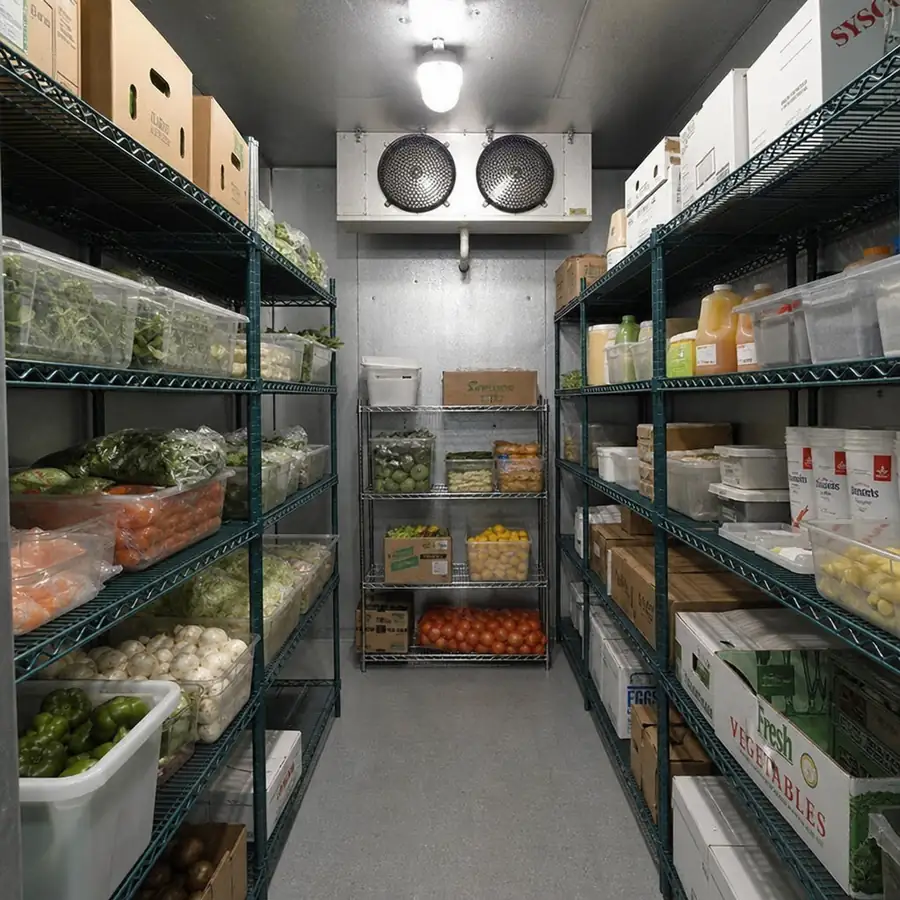 Busy commercial kitchen relying on walk-in refrigeration for perishable inventory