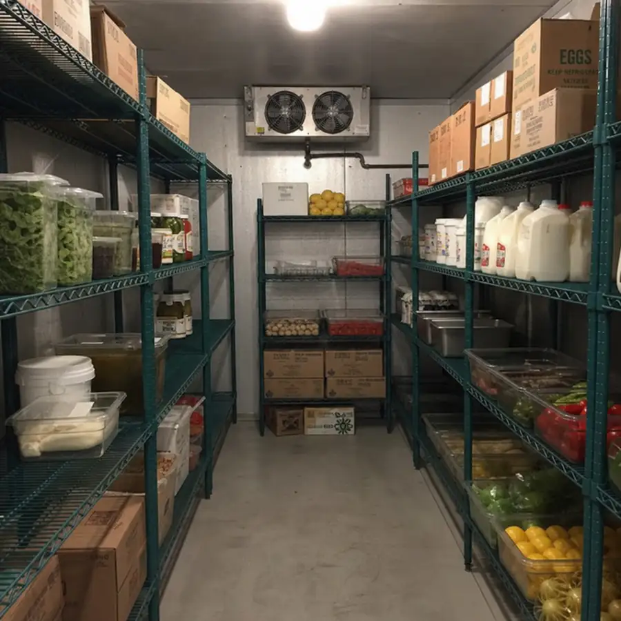 Organized commercial walk-in cooler with green wire shelving stocked with produce bins, milk jugs, and egg boxes under bright overhead lighting