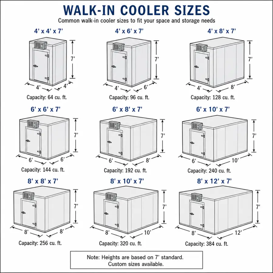 Infographic of common walk-in cooler sizes from 4x4x7 to 8x12x7 feet with cubic-foot capacity labels