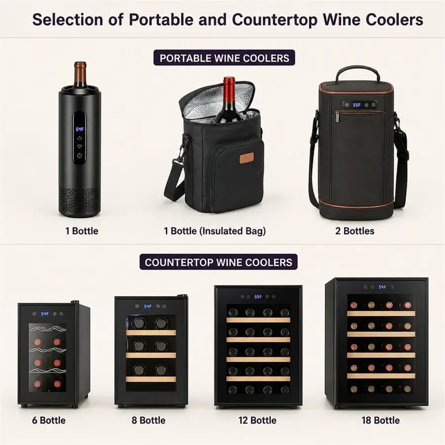 Infographic of portable wine coolers and countertop wine coolers from 1-bottle electric chillers and insulated bags to 6, 8, 12, and 18-bottle glass-door units