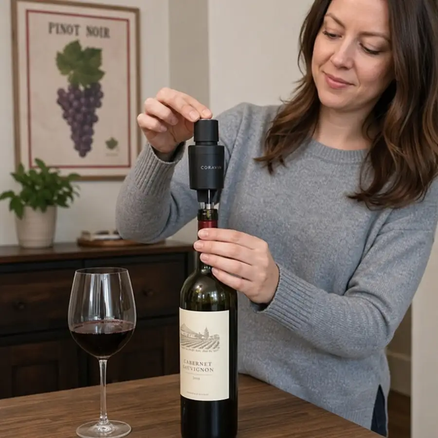 Woman using a black Coravin wine preservation system on a Cabernet Sauvignon bottle with a poured glass of red wine on a wooden table