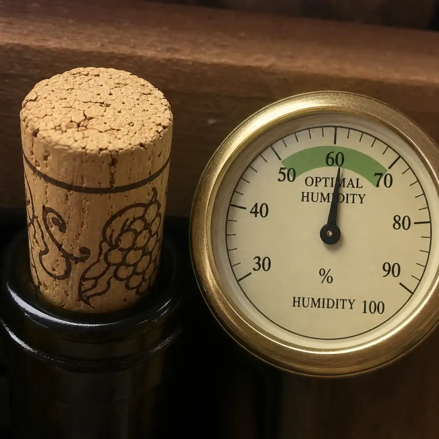 Wine bottle cork beside an analog hygrometer reading 60 percent optimal humidity on a rustic wooden wine-cellar background