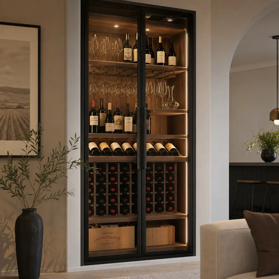 Luxury built-in dual-door glass wine refrigerator with warm LED lighting, wooden racks, stemware, and wine crates in a modern living space