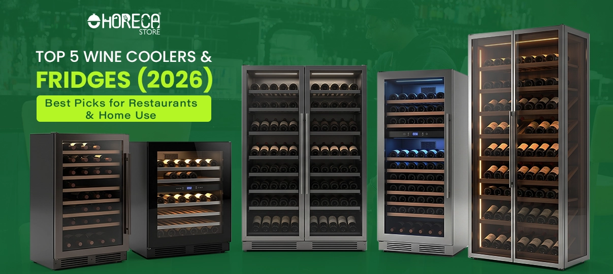 Top 5 wine coolers and fridges for 2026 featuring commercial wine refrigerators, dual-zone wine coolers, and glass door wine storage units for restaurants, bars, and home use.