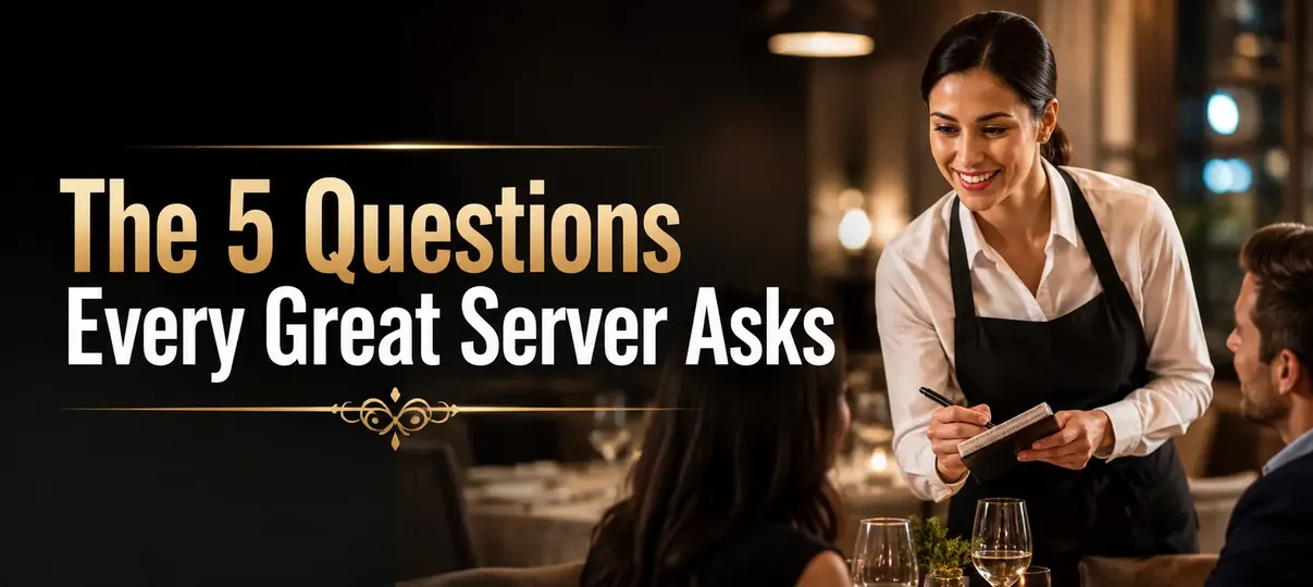 A friendly female server in a white shirt and black apron smiling while taking an order on a notepad in a warm-lit restaurant, alongside the text The 5 Questions Every Great Server Asks.