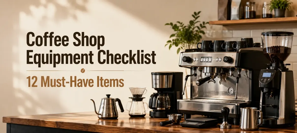 Banner for Coffee Shop Equipment Checklist: 12 Must-Have Items showing professional coffee-making gear including an espresso machine, grinder, kettle, and pour-over set on a wooden cafe counter.