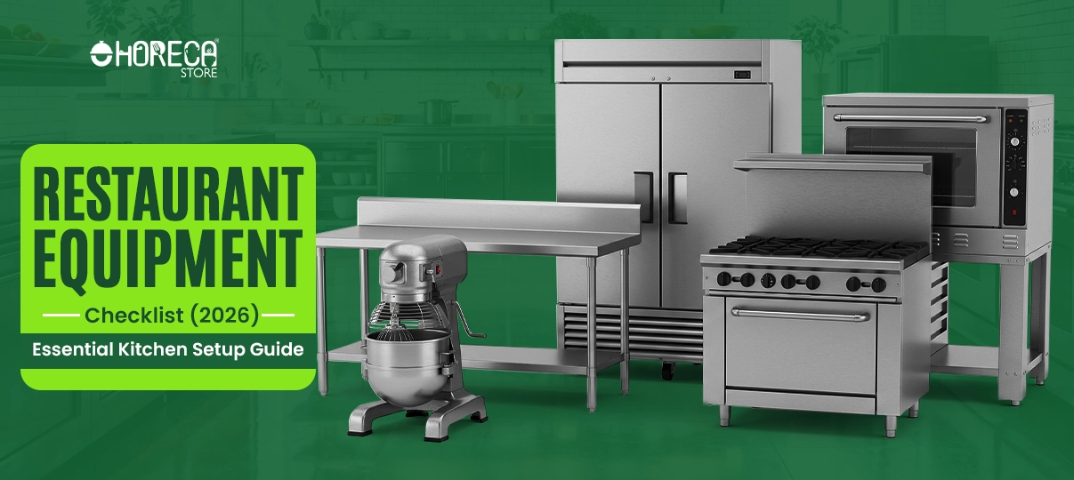 Restaurant equipment checklist 2026 featuring commercial refrigerator, gas range, convection oven, prep table, and commercial mixer for essential restaurant kitchen setup and foodservice operations.