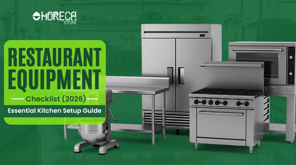 Restaurant equipment checklist 2026 featuring commercial refrigerator, gas range, convection oven, prep table, and commercial mixer for essential restaurant kitchen setup and foodservice operations.
