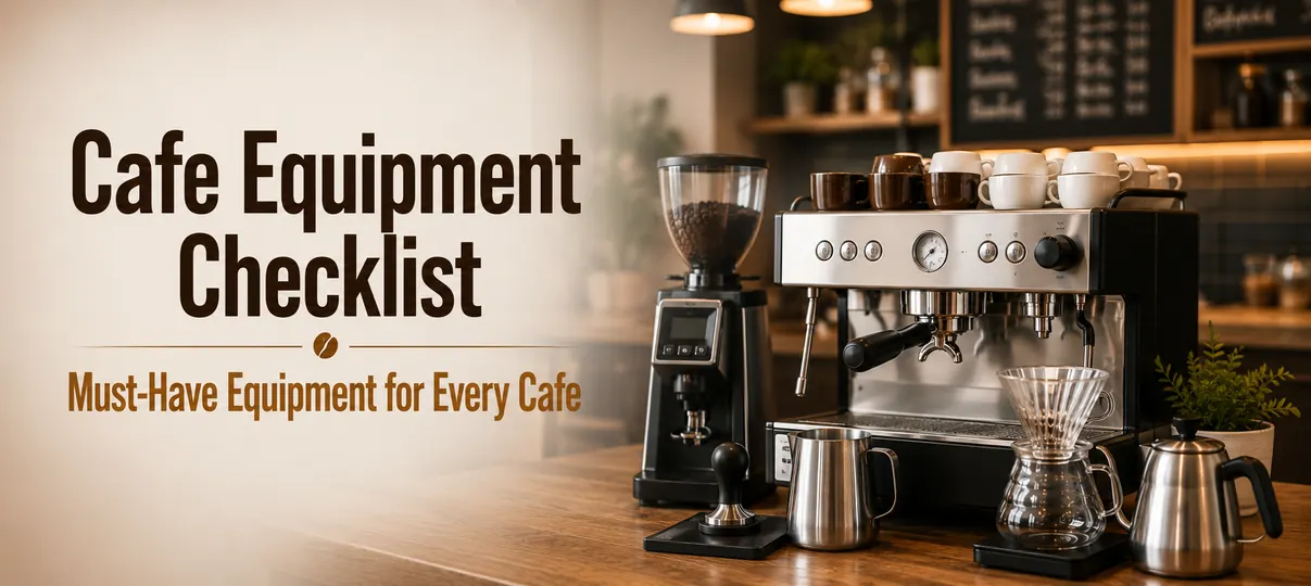 Cafe equipment checklist banner showing a commercial espresso machine, coffee grinder, milk pitcher, tamper, and pour-over set on a wooden cafe counter.