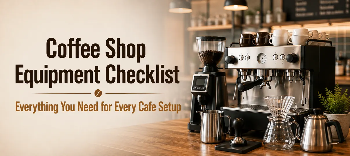 Coffee shop equipment checklist banner with commercial espresso machine, coffee grinder, milk pitcher, tamper, pour-over dripper, and gooseneck kettle on a wooden cafe counter.