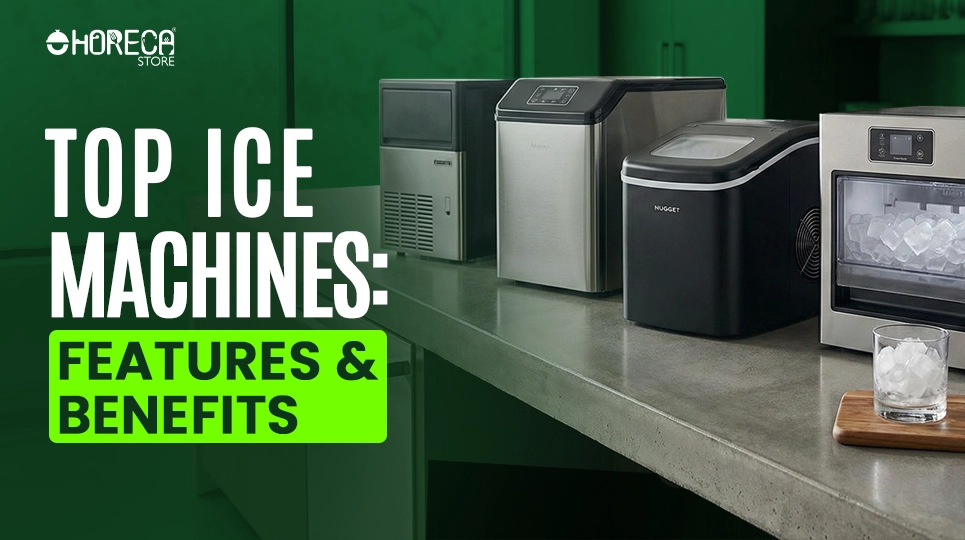 Countertop ice machines and nugget ice makers displayed on kitchen counter, highlighting features and benefits for home bars, cafés, and beverage service