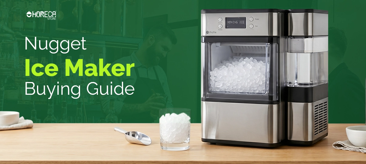 Nugget ice maker buying guide featuring countertop pellet ice machine with chewable nugget ice, water dispenser, and ice scoop for home kitchens, bars, cafes, and commercial use.