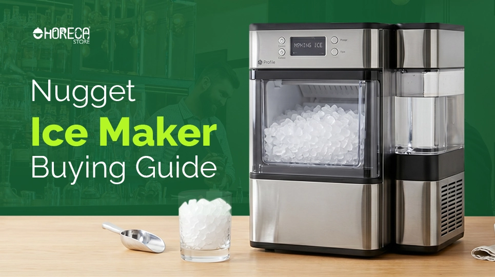 Nugget ice maker buying guide featuring countertop pellet ice machine with chewable nugget ice, water dispenser, and ice scoop for home kitchens, bars, cafes, and commercial use.