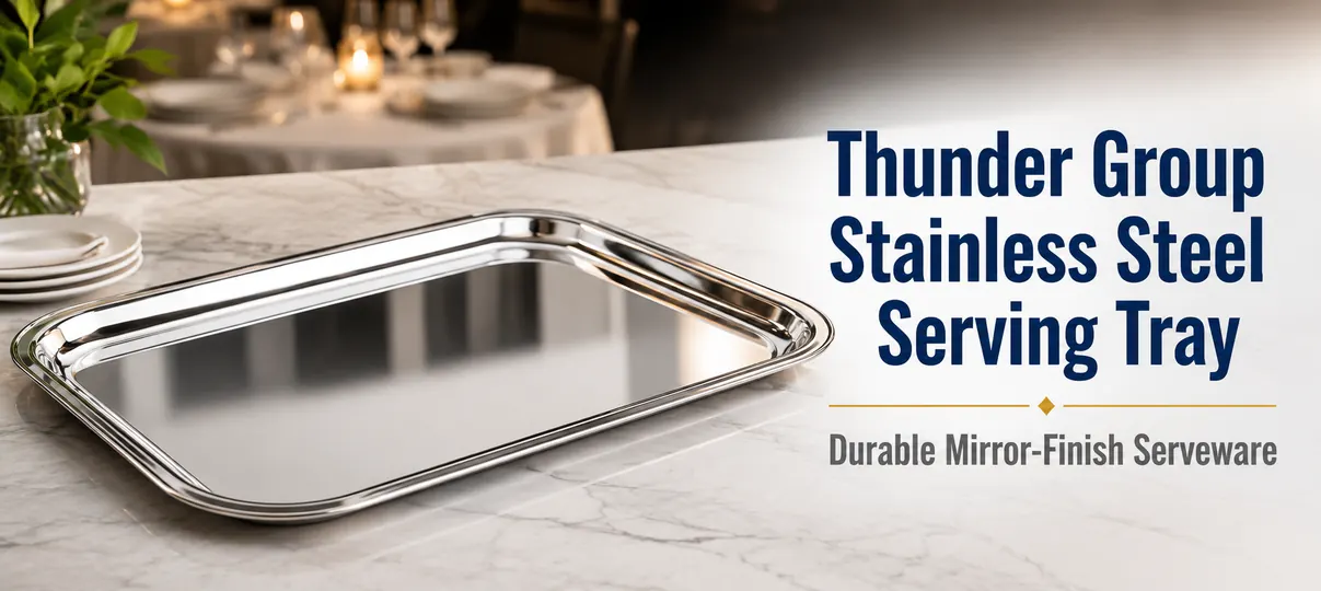Thunder Group mirror-finish stainless steel serving tray on a marble countertop in an elegant restaurant setting, labeled Durable Mirror-Finish Serveware.