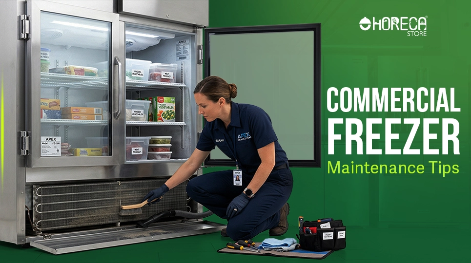 Commercial freezer maintenance tips technician cleaning condenser coils in restaurant freezer for better performance