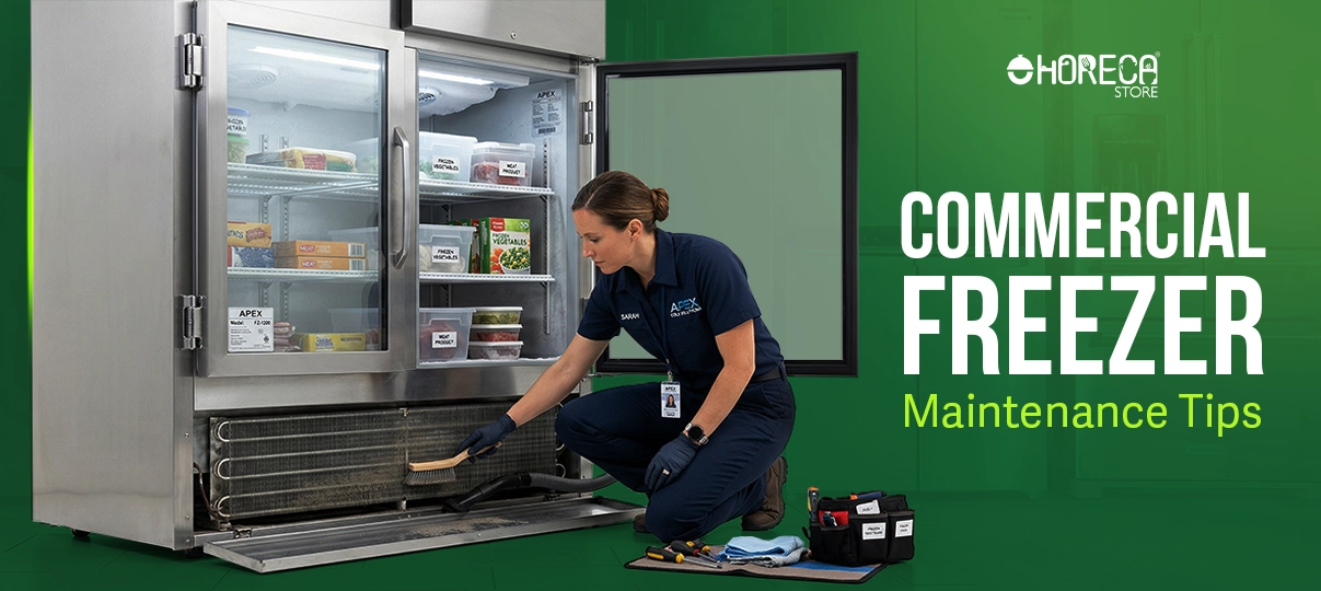 Commercial freezer maintenance tips technician cleaning condenser coils in restaurant freezer for better performance