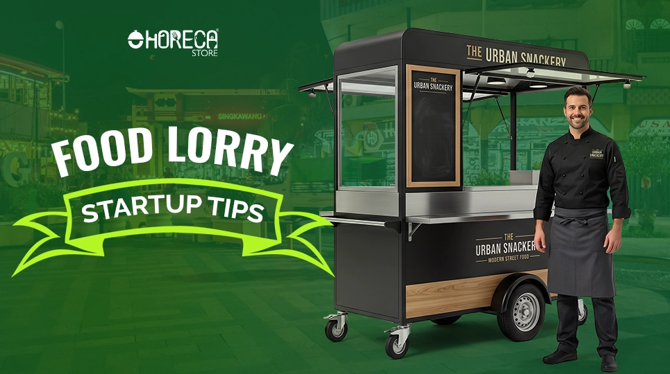 Food lorry startup tips featuring mobile street food cart, professional chef, and compact food trailer setup for entrepreneurs starting a successful mobile food business.