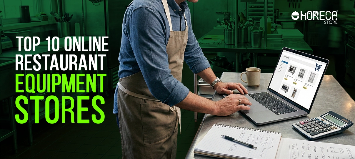 Restaurant owner browsing commercial kitchen equipment online store in professional kitchen