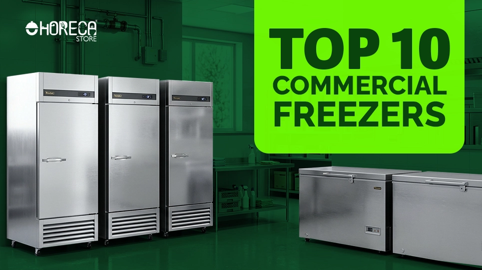 Top 10 commercial freezers by HorecaStore featuring stainless steel upright and chest freezers for restaurant and horeca kitchen use