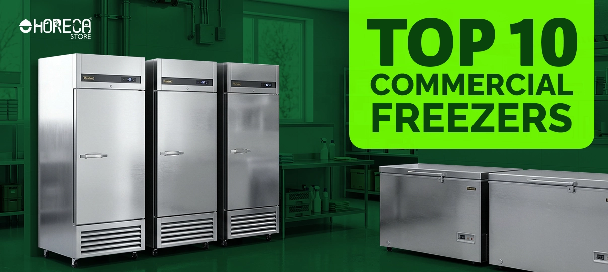Top 10 commercial freezers by HorecaStore featuring stainless steel upright and chest freezers for restaurant and horeca kitchen use