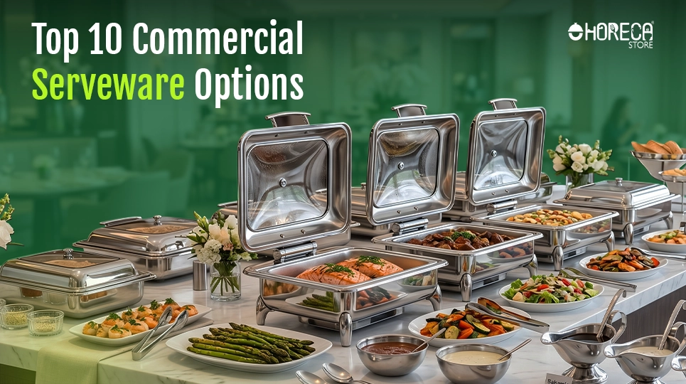 Top 10 commercial serveware options featuring stainless steel chafing dishes, buffet serving stations, food warmers, sauce boats, serving bowls, and catering equipment for restaurants, hotels, banquets, and foodservice events.