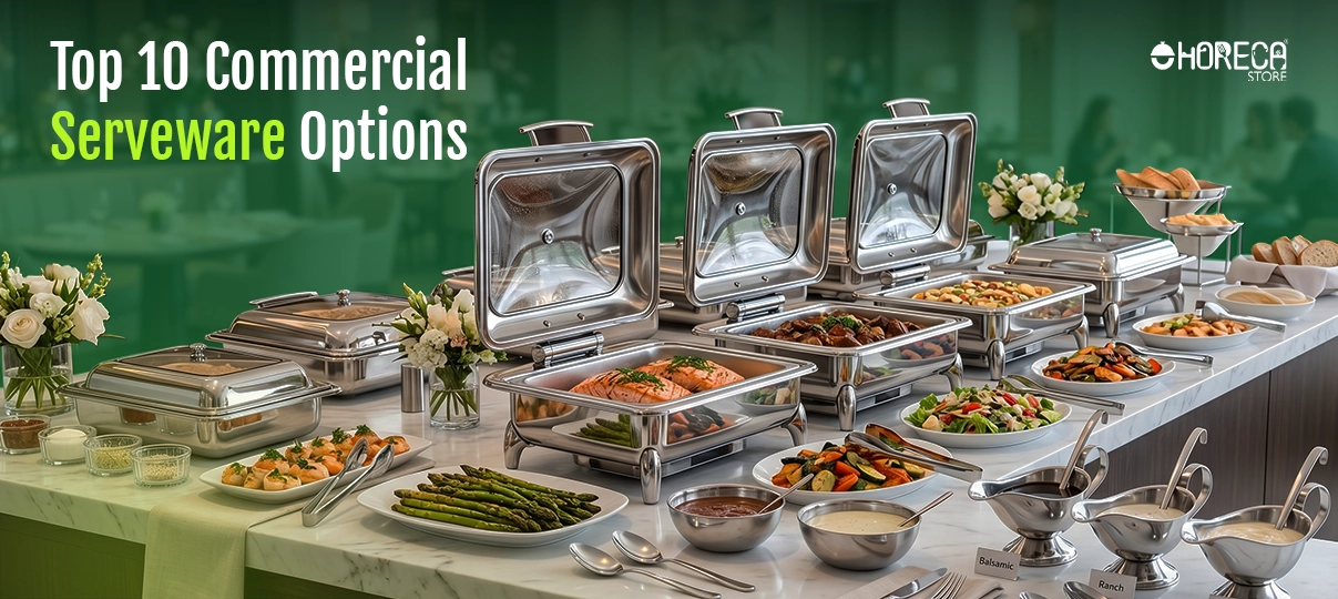Top 10 commercial serveware options featuring stainless steel chafing dishes, buffet serving stations, food warmers, sauce boats, serving bowls, and catering equipment for restaurants, hotels, banquets, and foodservice events.