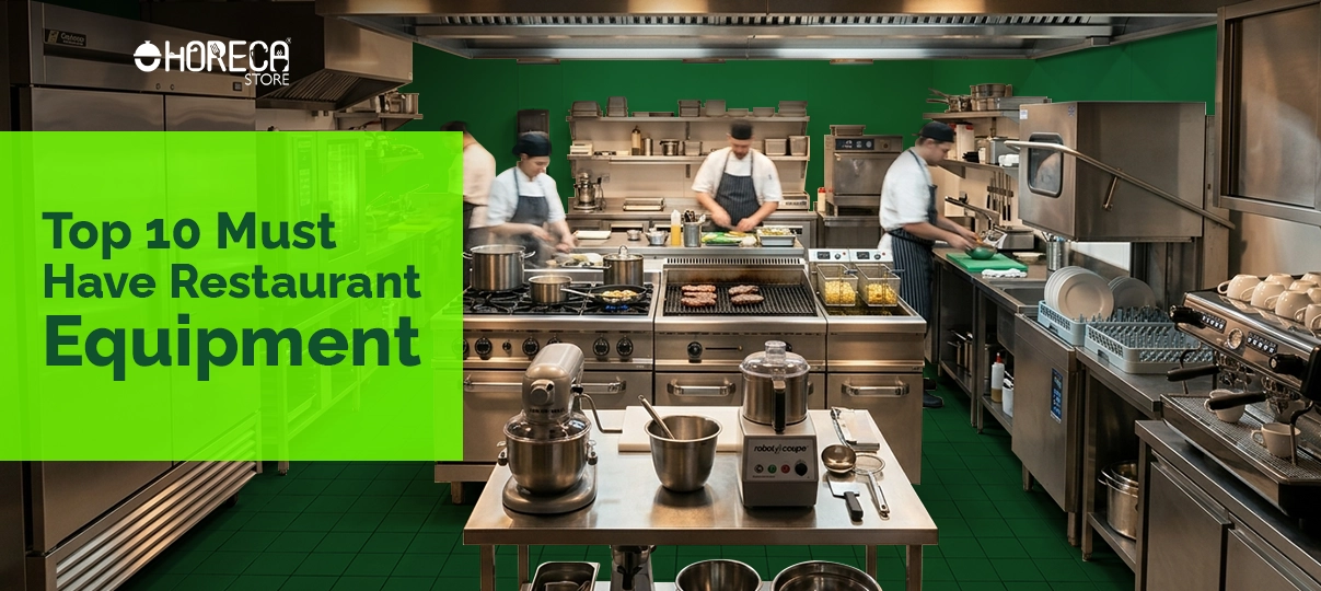 Commercial restaurant kitchen with chefs cooking and stainless steel equipment, highlighting top 10 must have restaurant equipment for professional kitchens and food businesses