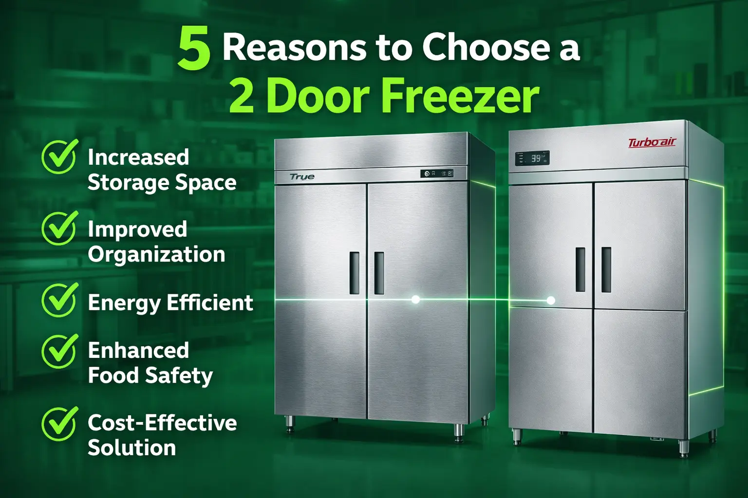Commercial 2 door freezer with benefits like increased storage, energy efficiency, and food safety, ideal for restaurants, hotels, and professional kitchen use