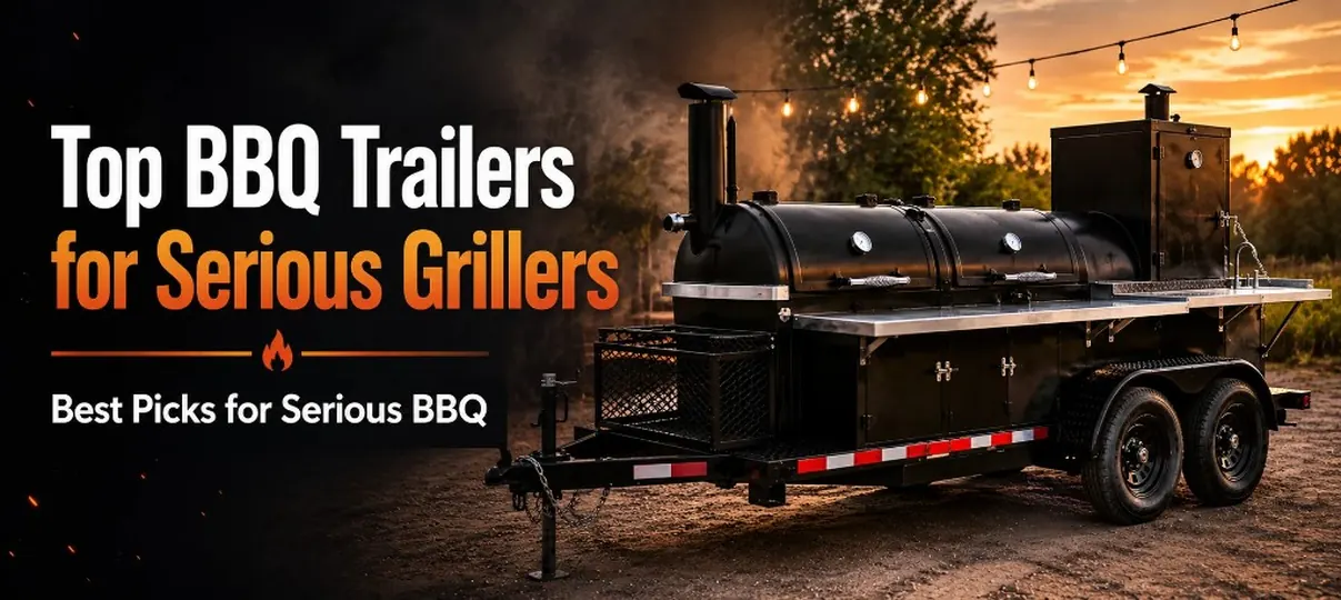 Top BBQ Trailers for Serious Grillers banner with a black dual-axle BBQ smoker trailer at sunset, smoke stack, and Best Picks for Serious BBQ text