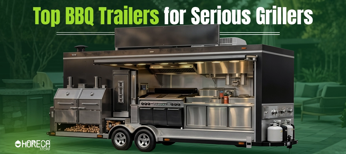 Top BBQ trailers for serious grillers featuring custom barbecue food trailer with smokers, grills, commercial cooking equipment, and outdoor catering setup.