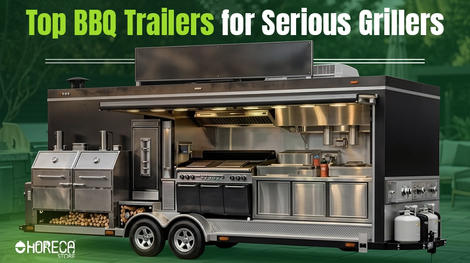 Top BBQ trailers for serious grillers featuring custom barbecue food trailer with smokers, grills, commercial cooking equipment, and outdoor catering setup.