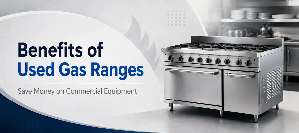 Desktop banner for Benefits of Used Gas Ranges showing a stainless steel commercial gas range with multiple burners and double ovens in a commercial kitchen, with Save Money on Commercial Equipment headline