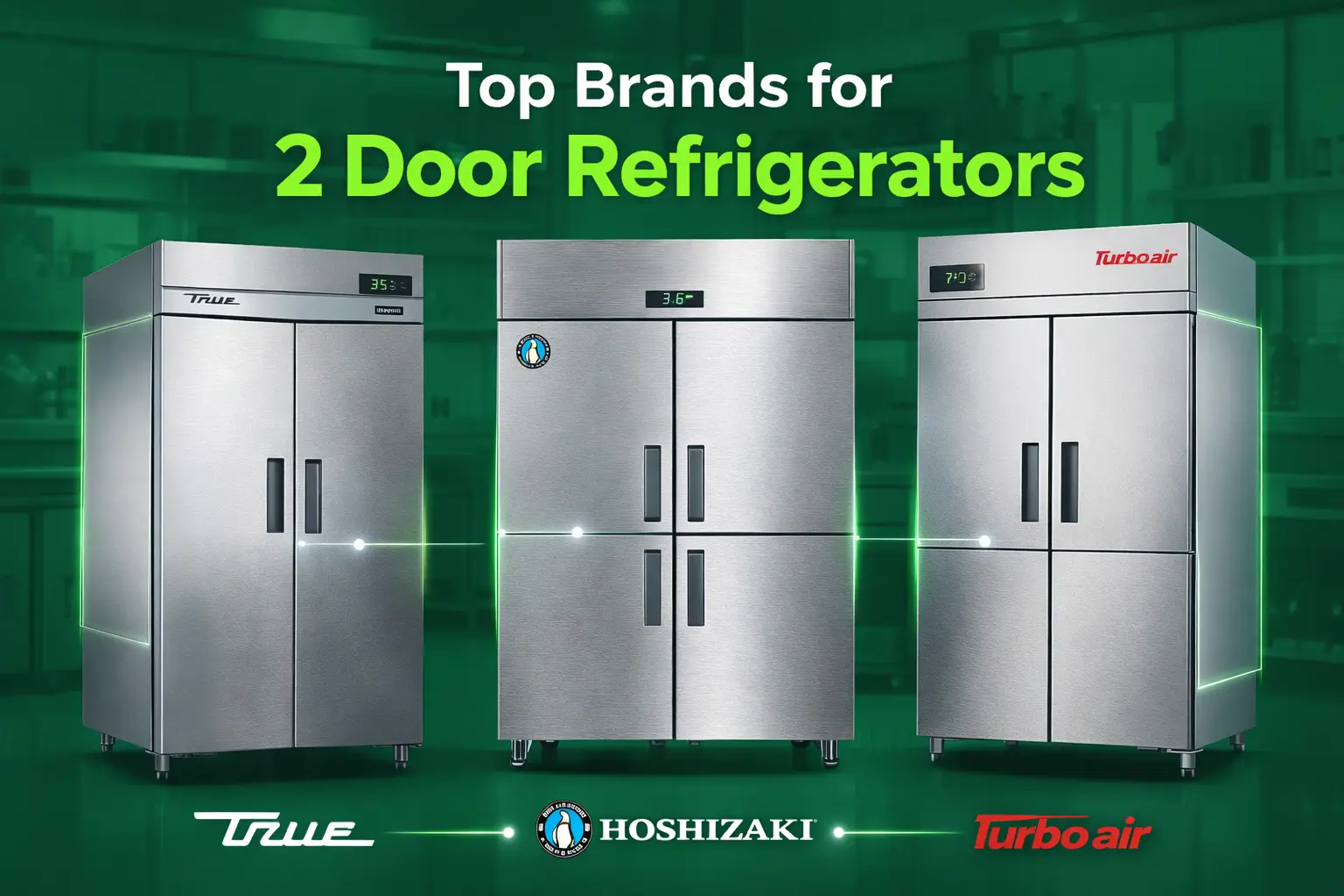 Commercial 2 door stainless steel refrigerators from top brands like True, Hoshizaki, and Turbo Air, ideal for restaurants, hotels, and professional kitchen refrigeration solutions