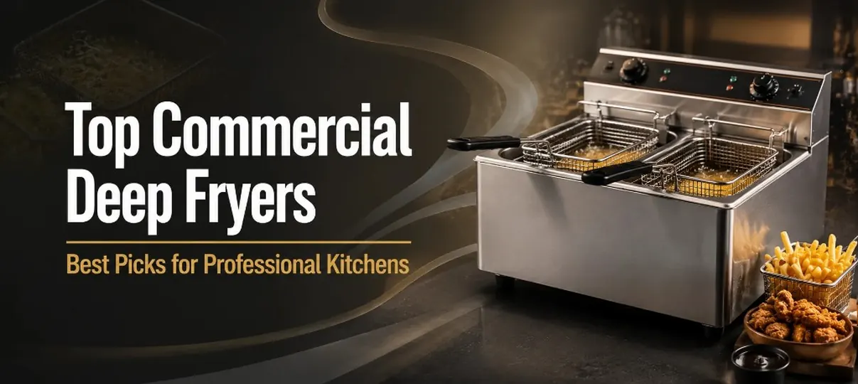 Desktop banner for top commercial deep fryers showing a stainless steel double-basket commercial fryer with bubbling oil, golden french fries, fried chicken, and the headline Top Commercial Deep Fryers for professional kitchens