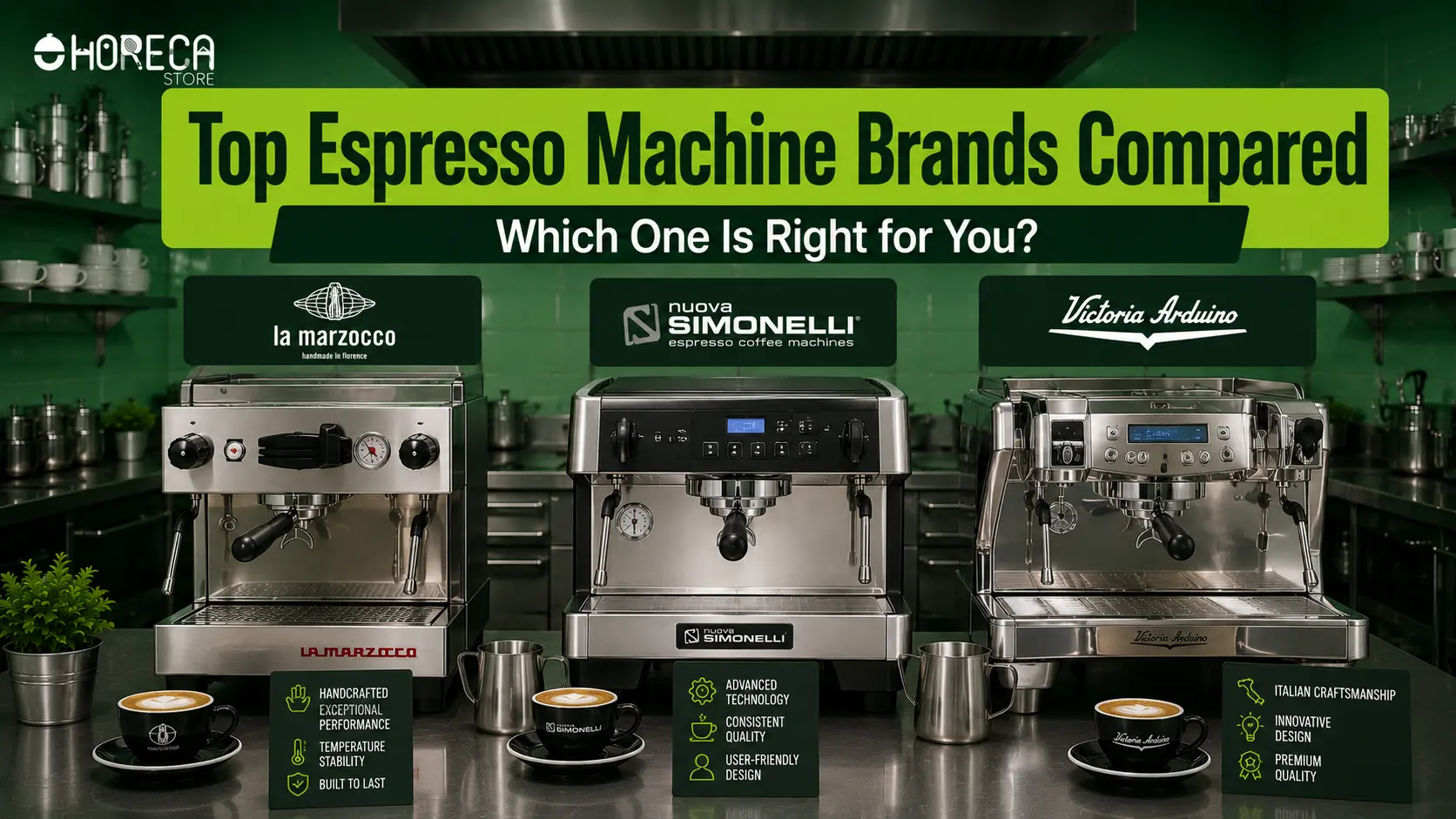 Top commercial espresso machines from La Marzocco, Nuova Simonelli, and Victoria Arduino compared for performance, features, and cafe needs.