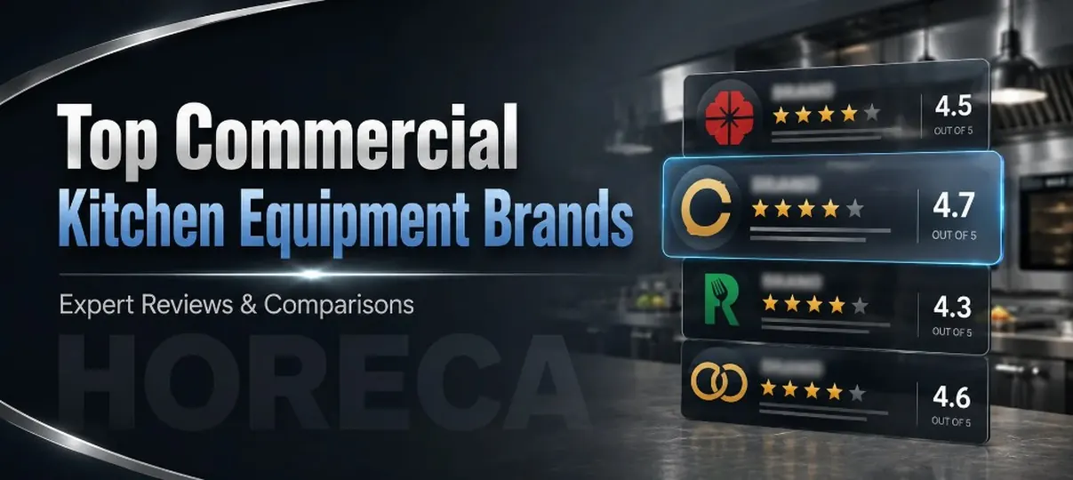 Desktop banner for Top Commercial Kitchen Equipment Brands with expert review rating cards in a kitchen setting
